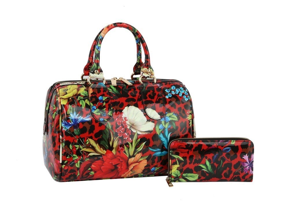 Flower Leopard Print Boston Satchel Wallet SET